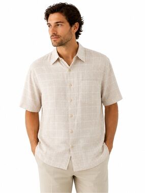 Marc Edwards Washable Linen Blend Short Sleeve Button-Up Shirt L Beige Plaid